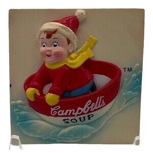 Vintage Campbells Kid Magnet 1997 Boy Girl Riding Soup Bowl Kitchen Collectible